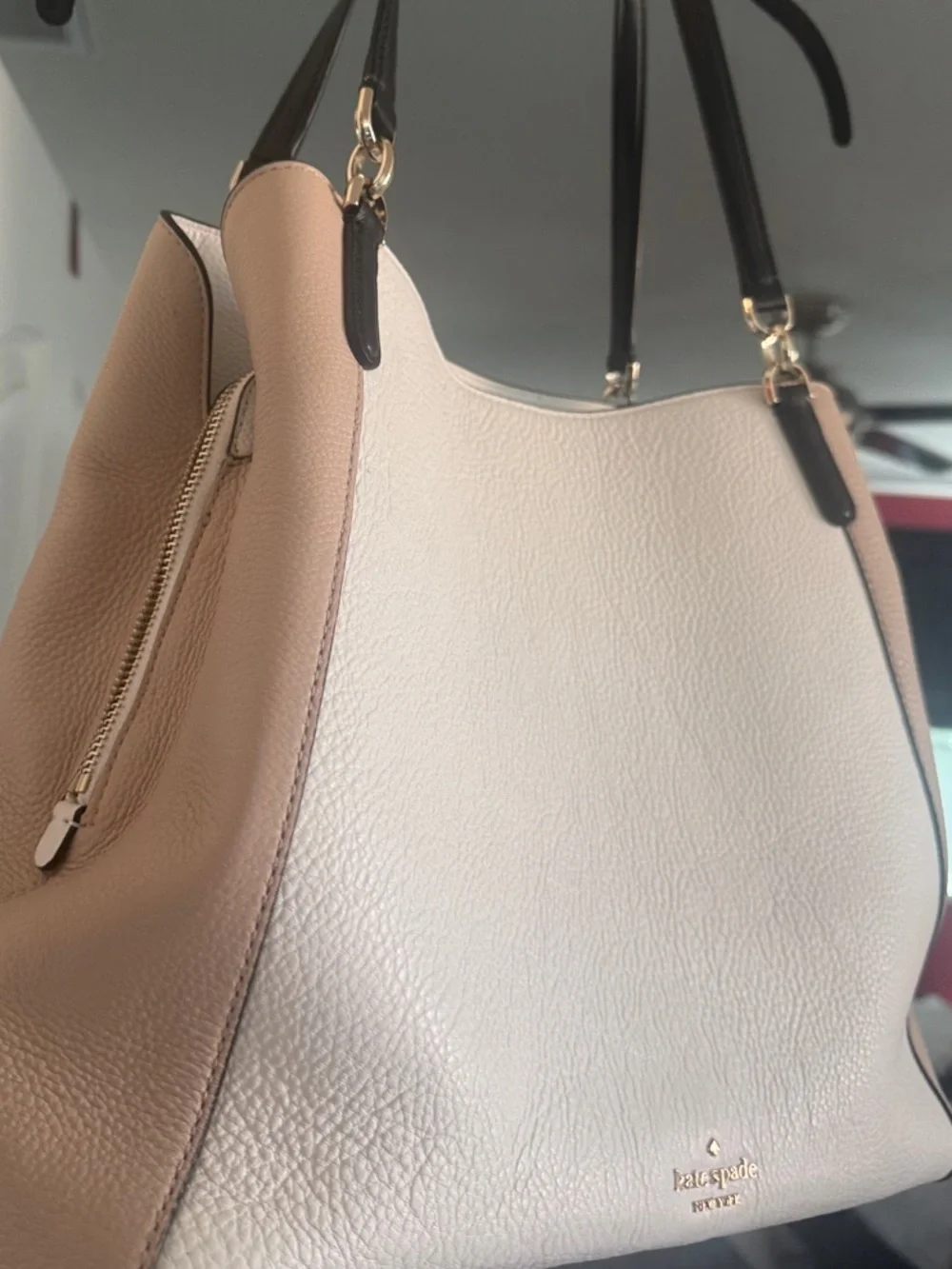 kate spade White and Blush/Tan Leather Shoulder Bag